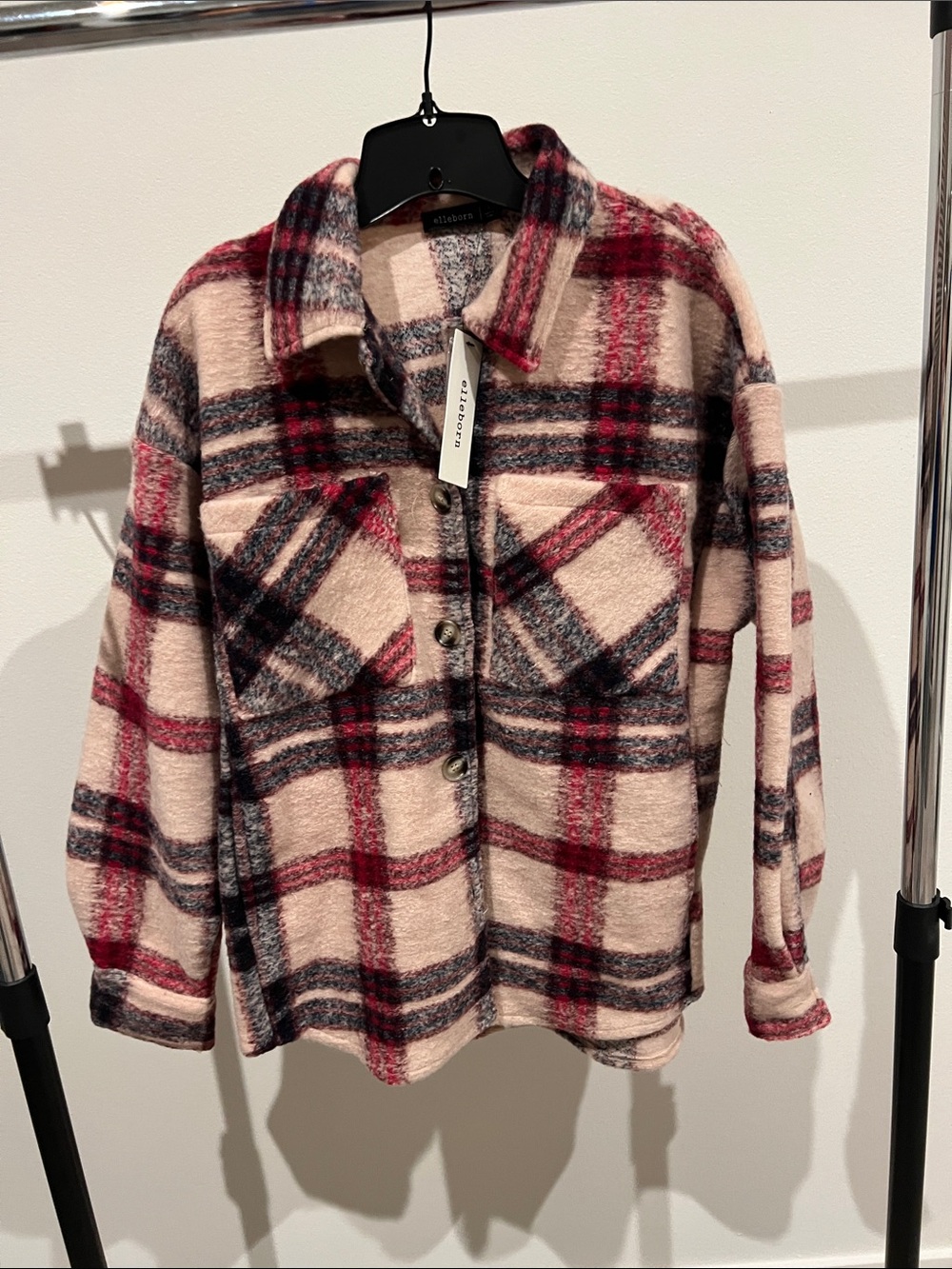Plaid Button-Up Shacket in Pink and Red - Unbranded